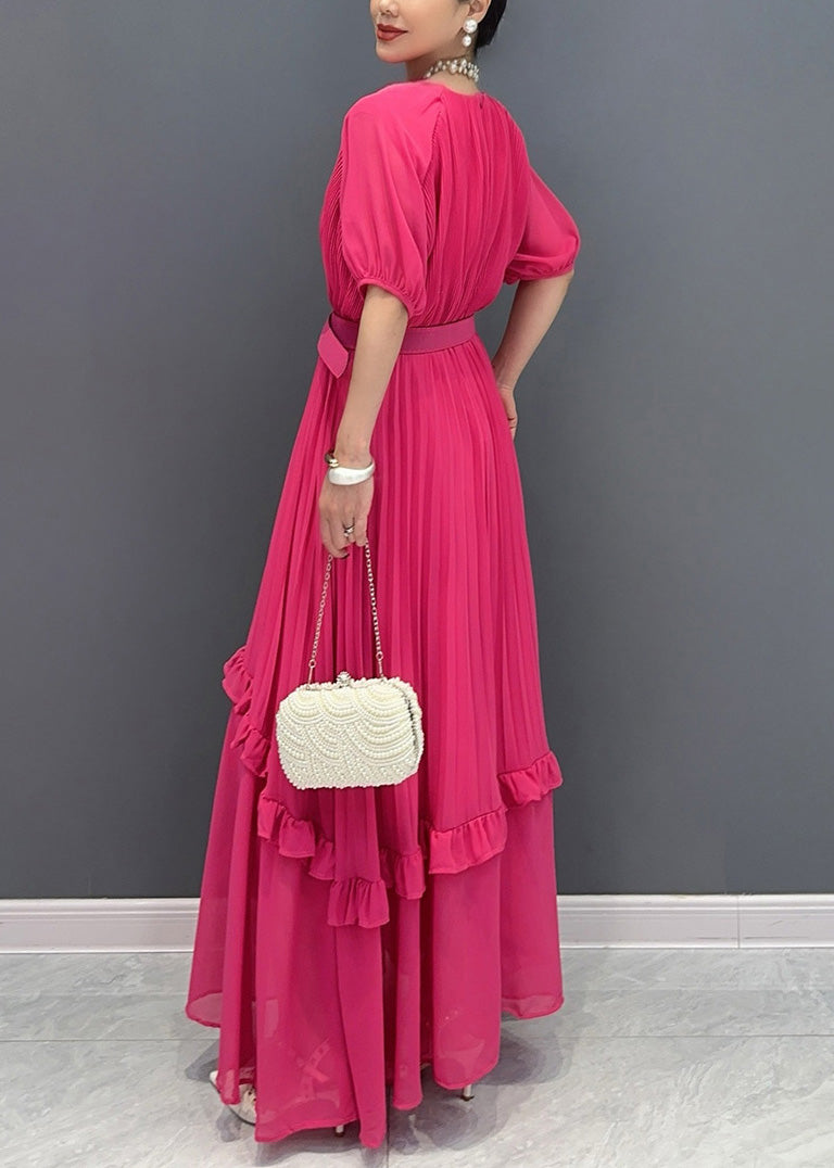 Natural Red Ruffled Patchwork Sashes Chiffon Long Dress Summer