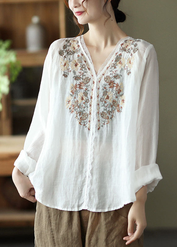 Natural White V Neck Linen Shirt Top Long Sleeve