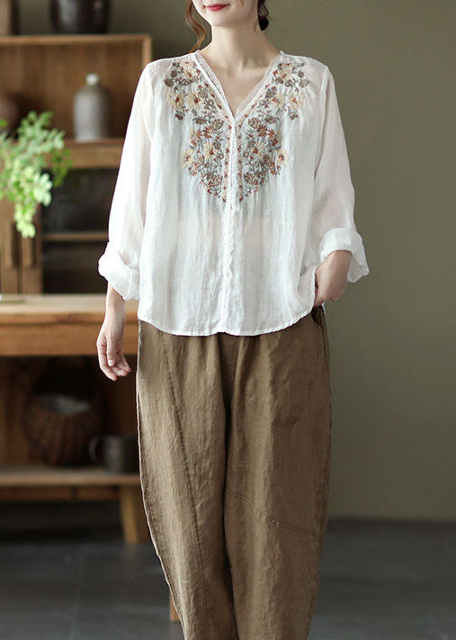 Natural White V Neck Linen Shirt Top Long Sleeve