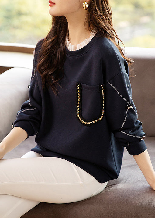 Navy Lace Patchwork Cotton Sweatshirt O Neck Long Sleeve