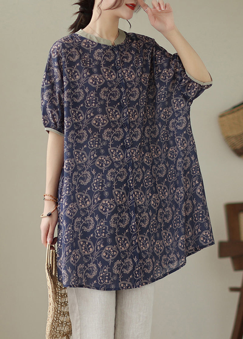 Navy Oversized Printed Linen Shirt Dress Women's Summer