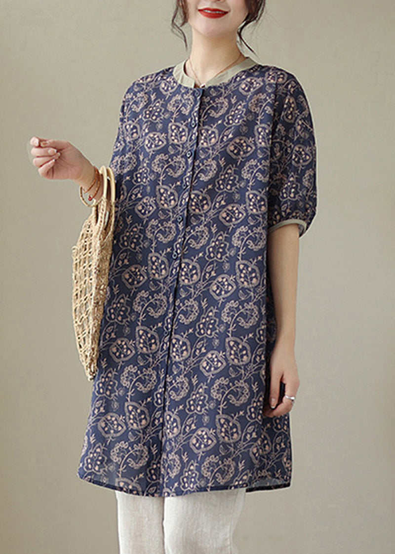 Navy Oversized Printed Linen Shirt Dress Women's Summer