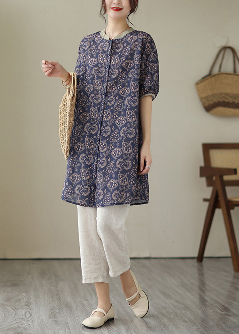 Navy Oversized Printed Linen Shirt Dress Women's Summer