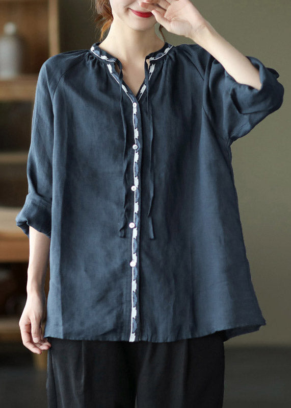 Navy V Neck Button Linen Shirt Long Sleeve