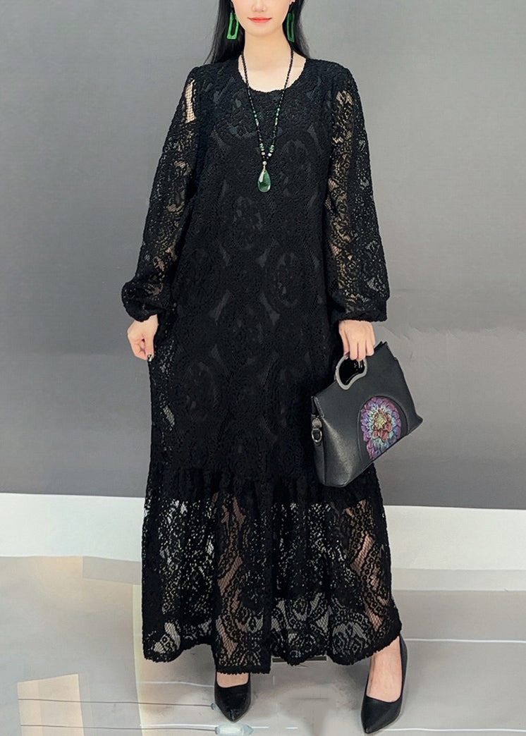 New Black O Neck Hollow Out Lace Long Dresses Fall