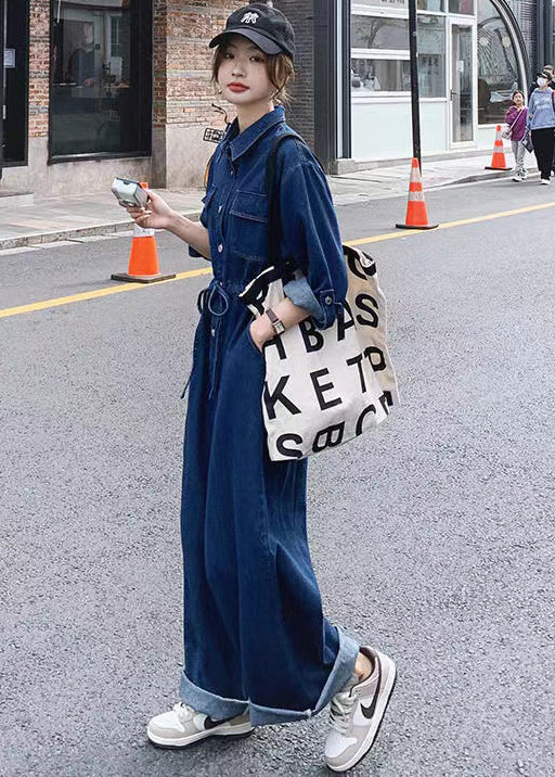 New Blue Button Lace Up Pockets Denim Jumpsuit Long Sleeve