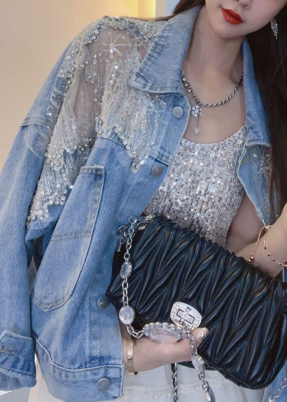 New blue embroidery patchwork zircon denim Coats summer