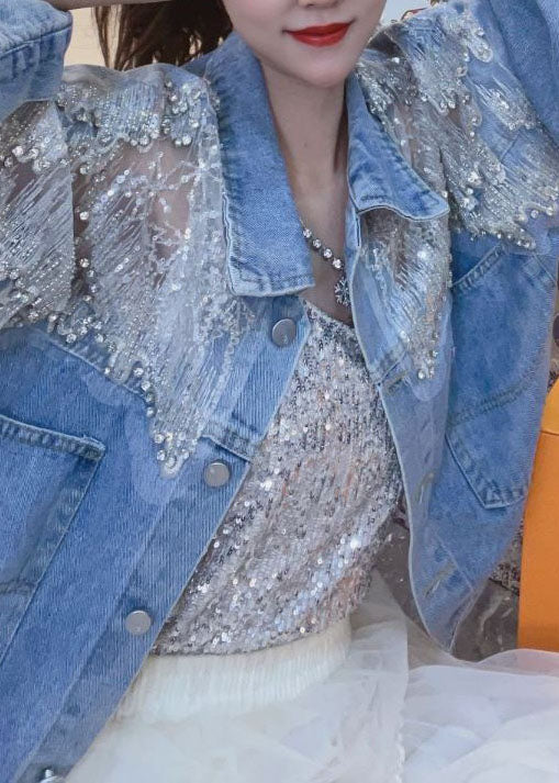 New blue embroidery patchwork zircon denim Coats summer