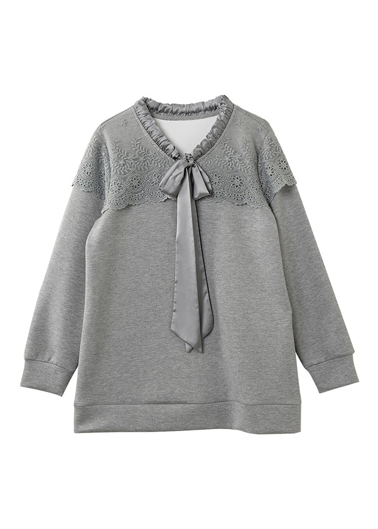 New Grey Lace Patchwork Lace Up Cotton Pullover Spring