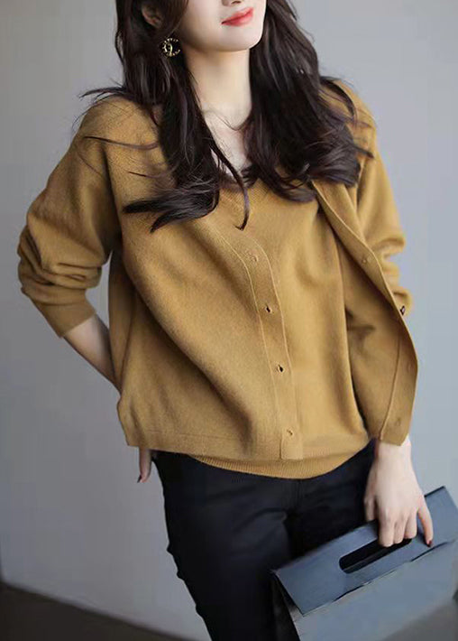 New Khaki Button Patchwork False Two Pieces Knit Tops Long Sleeve