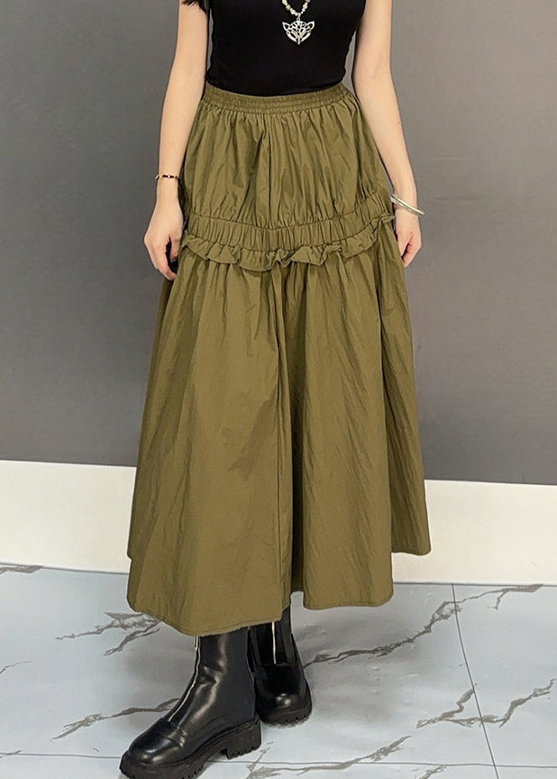 New Khaki Ruffled Pockets Elastic Waist Cotton Skirts Fall