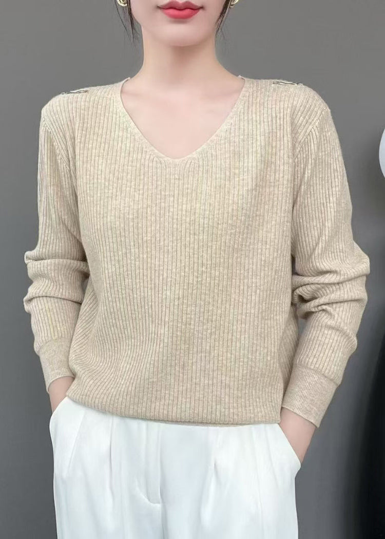 New Khaki V Neck Solid Knit Sweater Fall