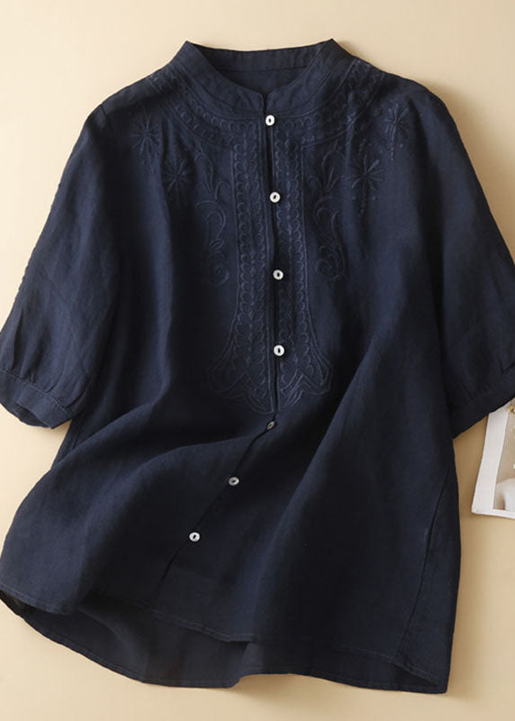 New Navy Embroideried Button Patchwork Linen Shirt Top Summer