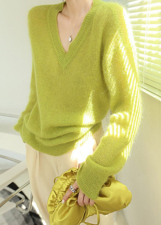 New Original Design Fluorescent Green V Neck Woolen Sweater Tops Fall