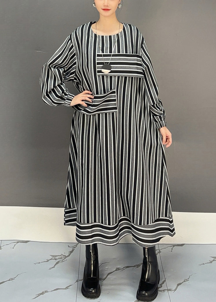 New Striped O Neck Pockets Cotton Long Dress Fall