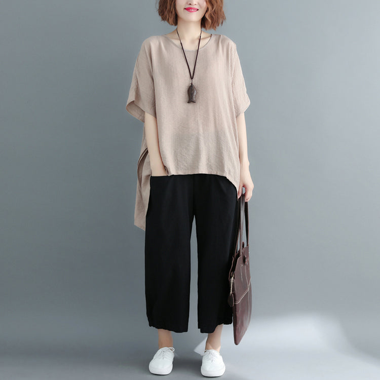 New khaki Midi-length cotton linen t shirt Loose fitting casual cardigans short sleeve o neck linen blouses