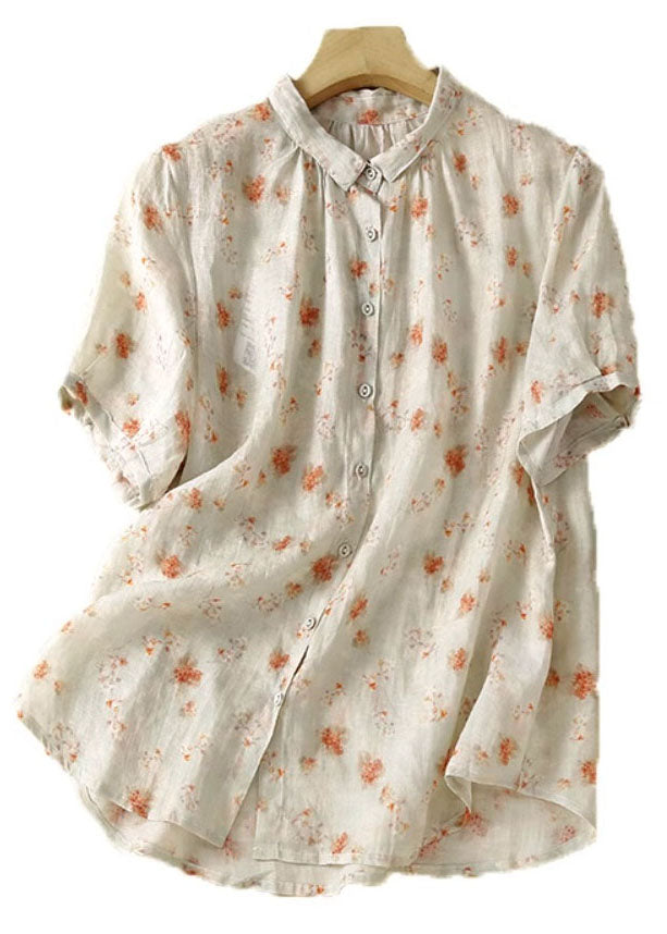 New Apricot Peter Pan Collar Print Patchwork Linen Shirt Summer