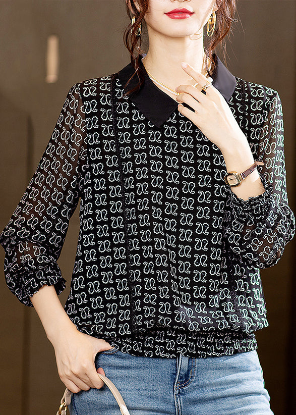 New Black Peter Pan Collar Print Patchwork Chiffon Top Long Sleeve