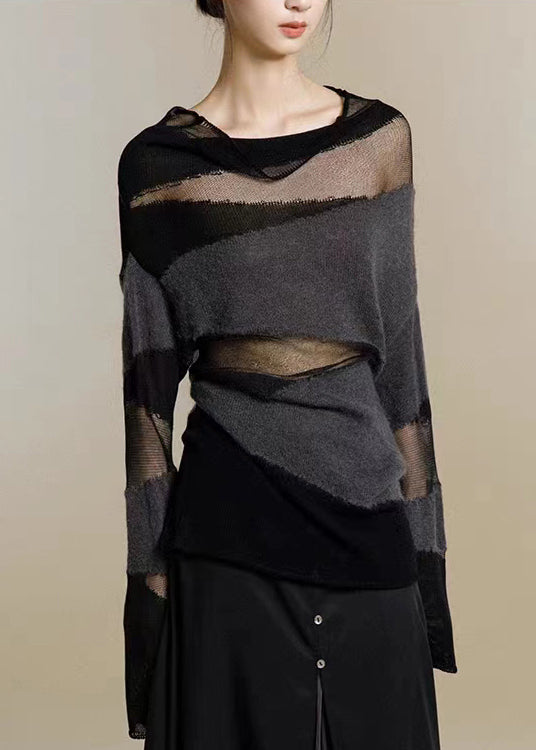 New Black Turtleneck Tulle Patchwork Thin Knit Sweaters Fall