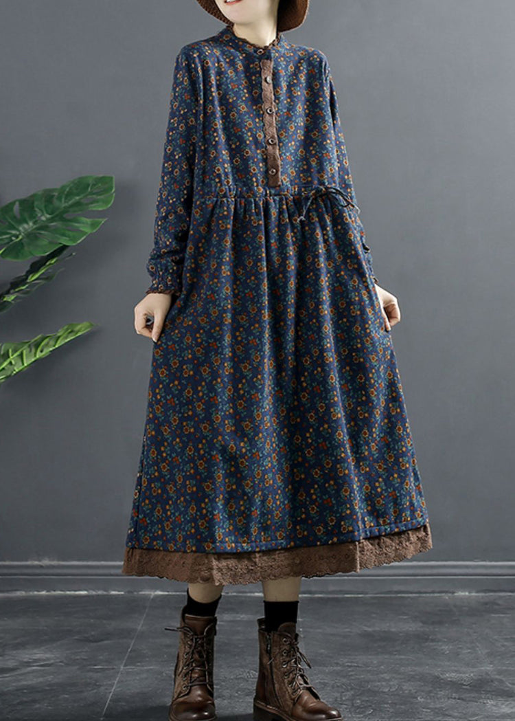 New Blue Ruffled Button Print Fleece Dress Long Sleeve