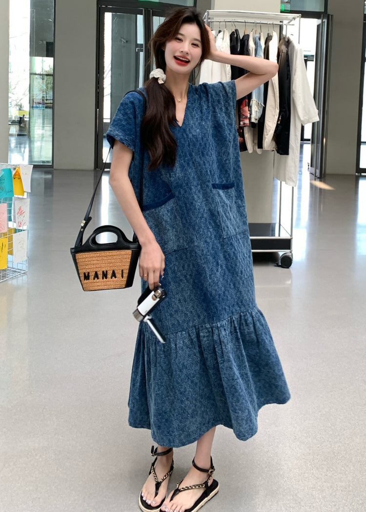 New Blue V Neck Pockets Denim Long Dress Summer