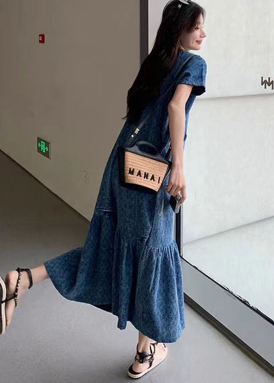 New Blue V Neck Pockets Denim Long Dress Summer