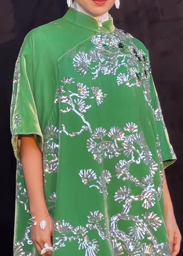 New Chinese Style Green Stand Collar Gilding Asymmetrical Design Dress Summer