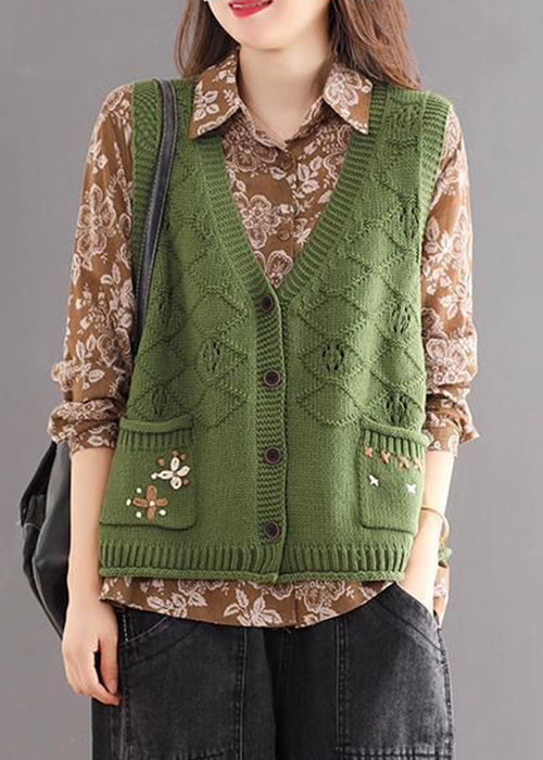 New Green Embroideried Pockets Patchwork Cotton Knit Waistcoat Sleeveless