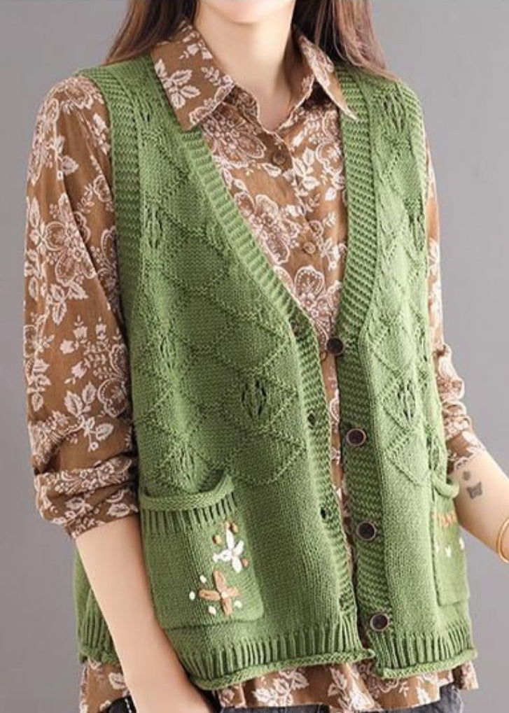 New Green Embroideried Pockets Patchwork Cotton Knit Waistcoat Sleeveless