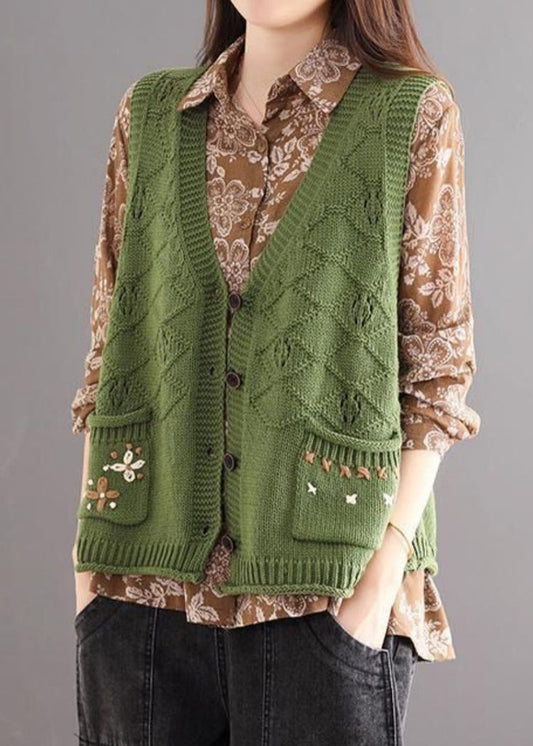 New Green Embroideried Pockets Patchwork Cotton Knit Waistcoat Sleeveless