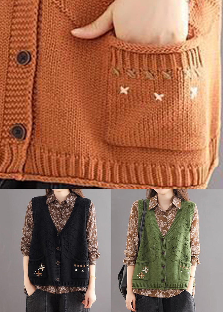 New Green Embroideried Pockets Patchwork Cotton Knit Waistcoat Sleeveless