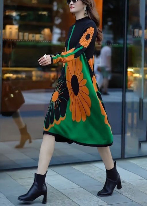 New Patchwork Turtleneck Print Patchwork Knit Long Sweater Dress Fall