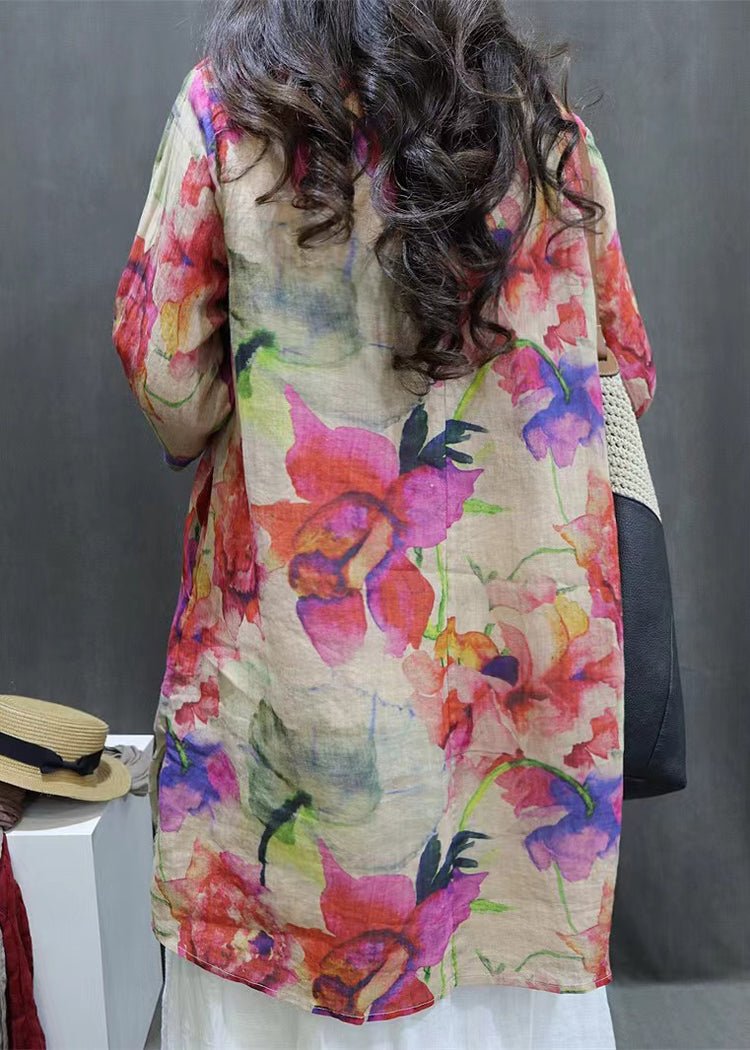 New Photo Color V Neck Print Linen Blouse Half Sleeve