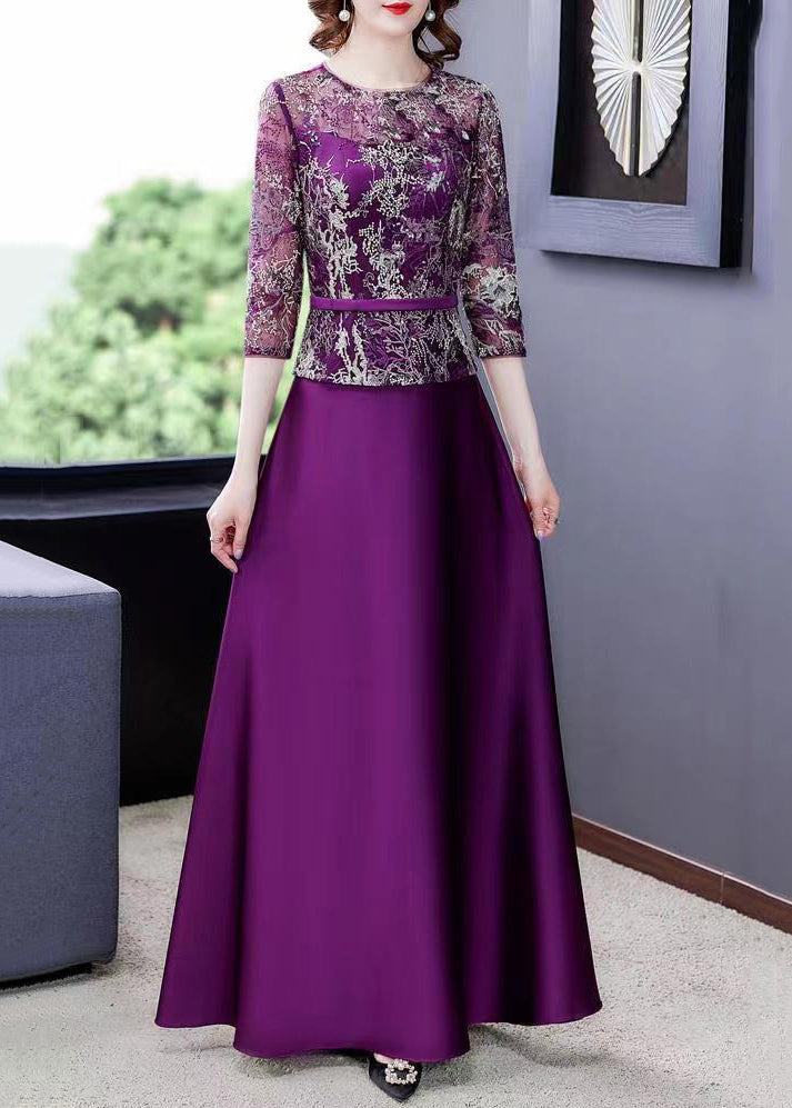 New Purple Embroideried Tulle Patchwork Maxi Dresses Half Sleeve