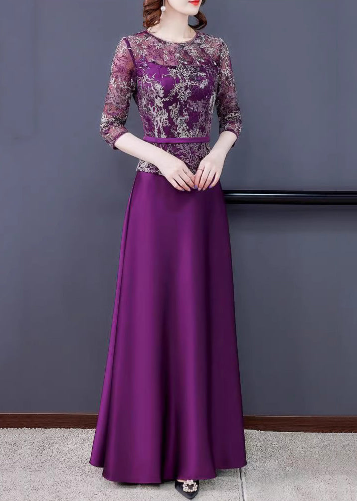 New Purple Embroideried Tulle Patchwork Maxi Dresses Half Sleeve