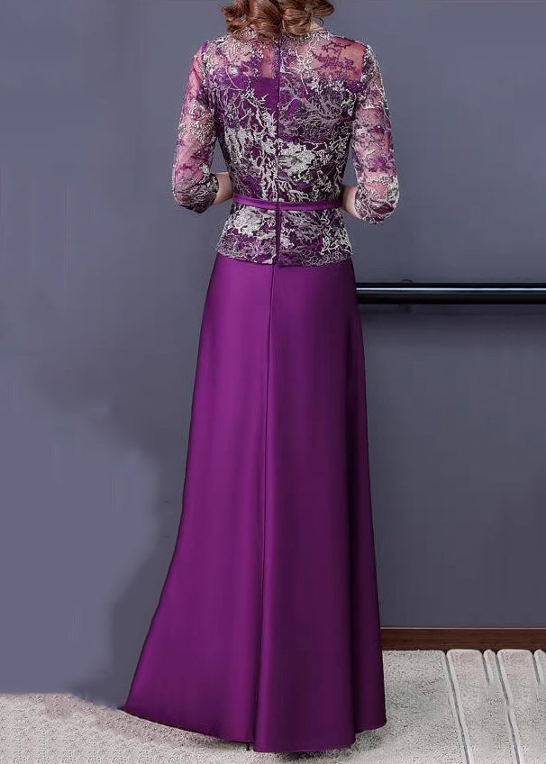 New Purple Embroideried Tulle Patchwork Maxi Dresses Half Sleeve