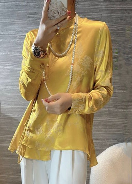 New Yellow Chinese Button Print Silk Blouses Spring