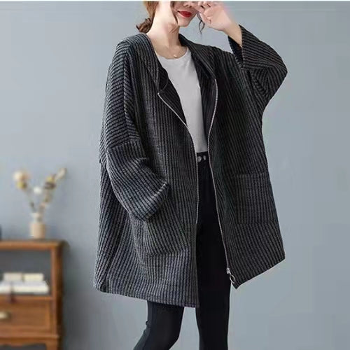 New women coats Loose fitting hooded black outwear thick