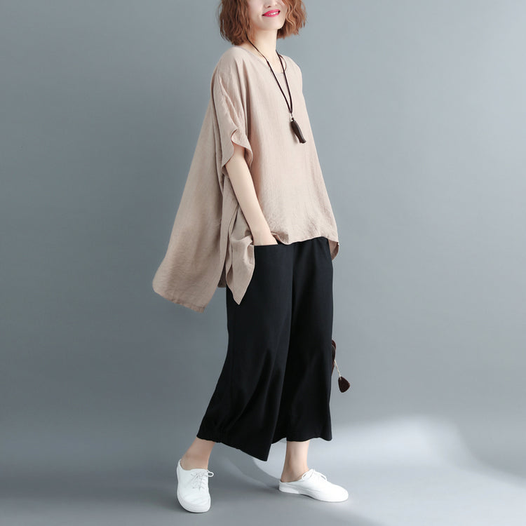 New khaki Midi-length cotton linen t shirt Loose fitting casual cardigans short sleeve o neck linen blouses