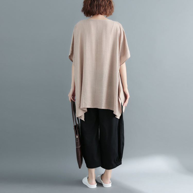 New khaki Midi-length cotton linen t shirt Loose fitting casual cardigans short sleeve o neck linen blouses