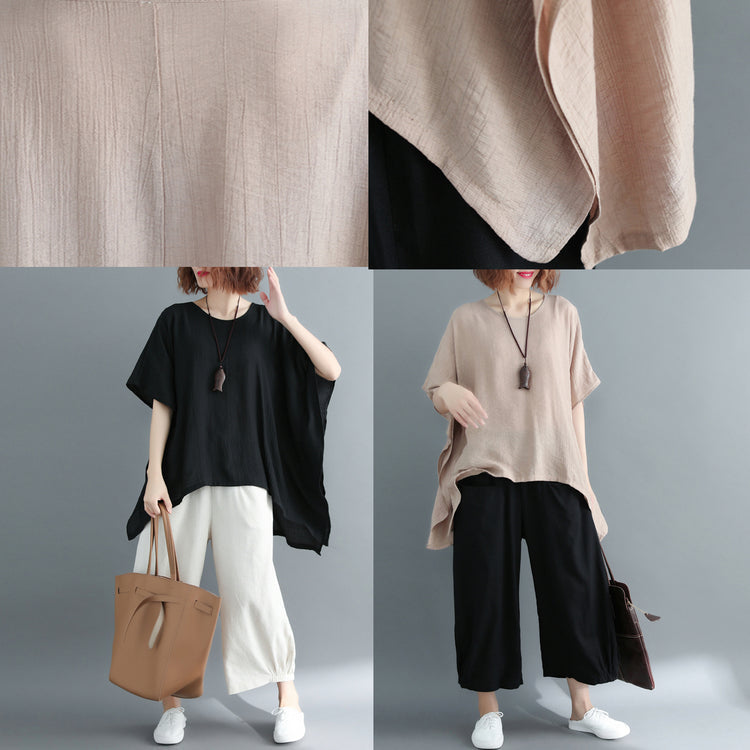 New khaki Midi-length cotton linen t shirt Loose fitting casual cardigans short sleeve o neck linen blouses