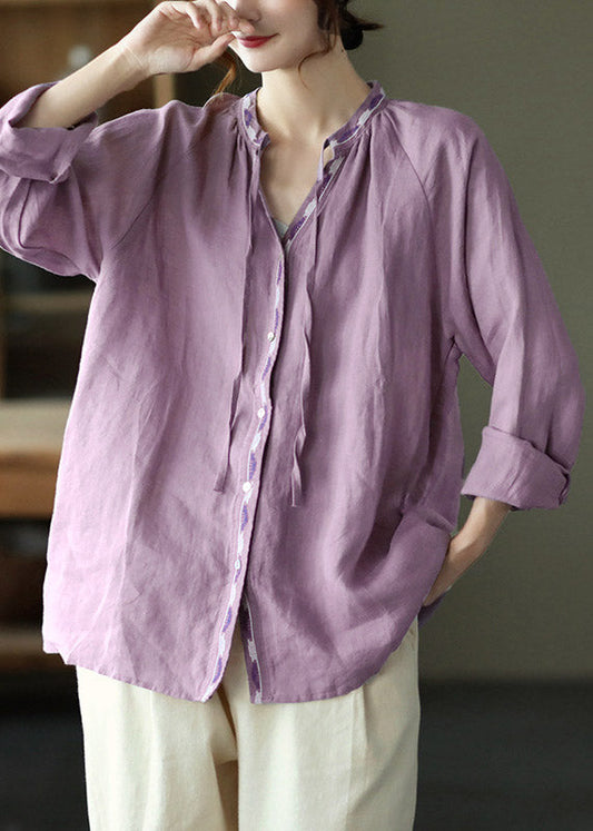 Novelty Purple V Neck Embroideried Neck Tie Linen Shirt Long Sleeve