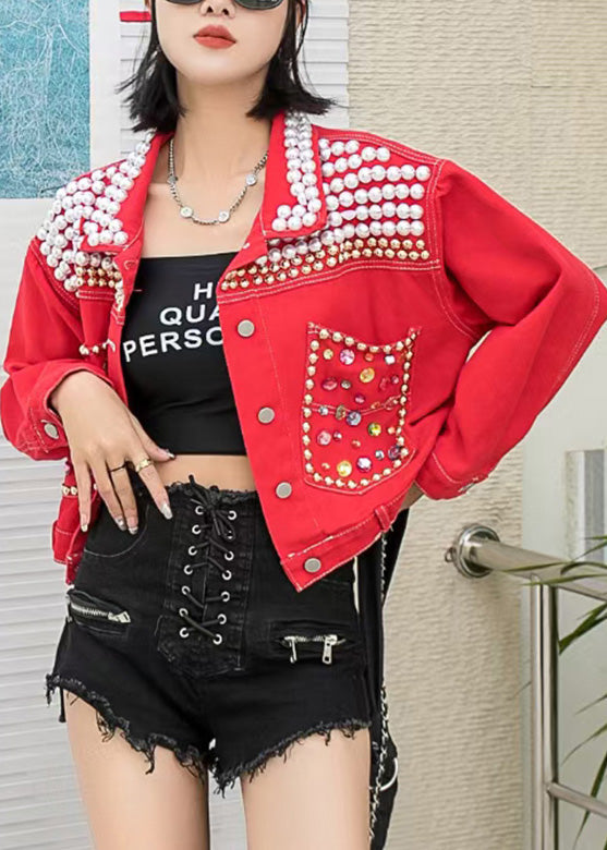 Red Nail Beaded Button Peter Pan Collar Denim Coats Long Sleeves