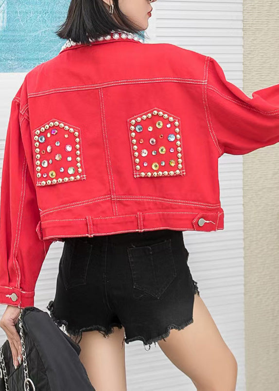 Red Nail Beaded Button Peter Pan Collar Denim Coats Long Sleeves