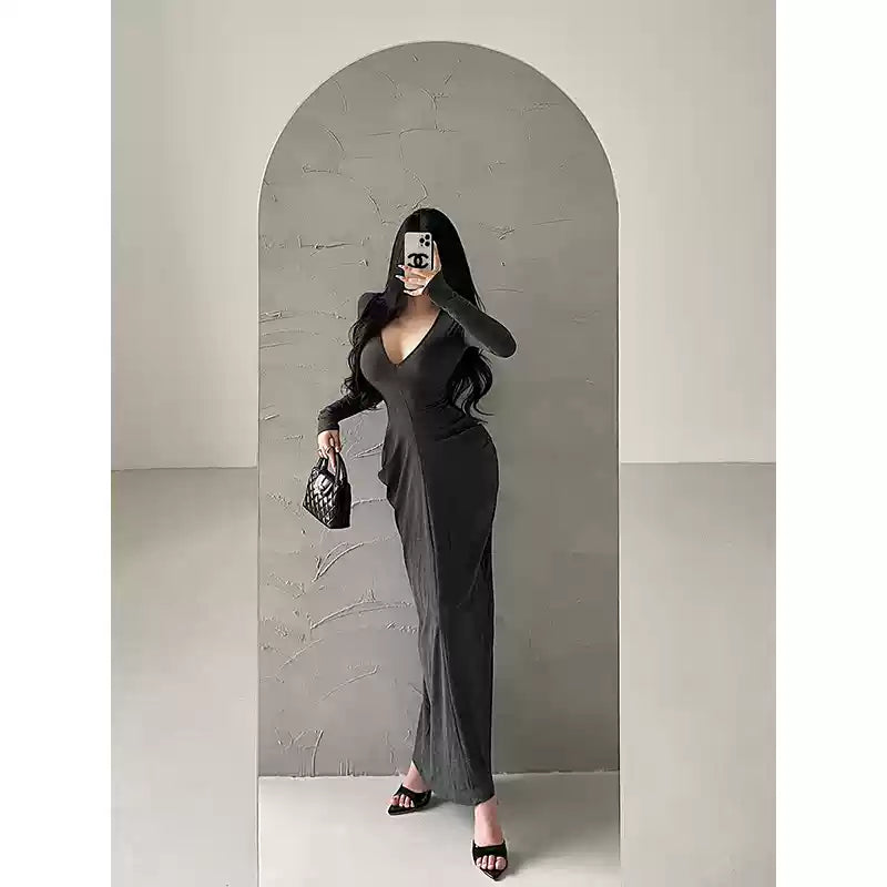 New Simple Black V Neck Slim Fit Cotton Long Dress Spring