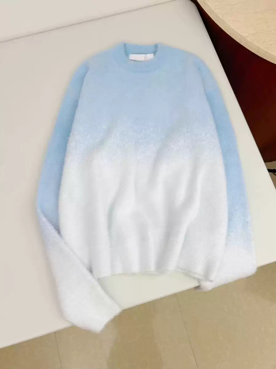 Chic Gradient Color Fluffy Patchwork Cozy Cotton Knit Sweaters Fall