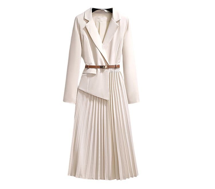 Temperament Beige Lapel Pleated Hem Long Sleeve Maxi Dress