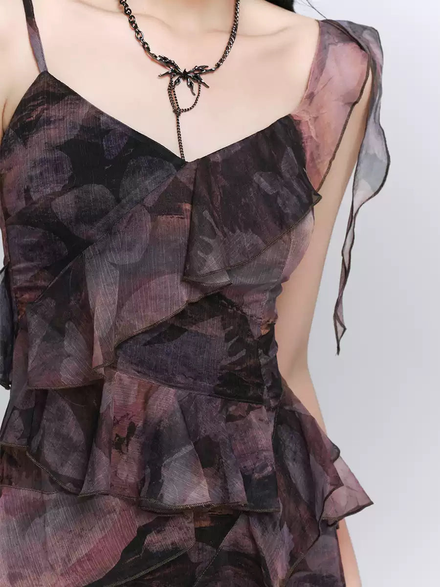 New Dark Black Ruffled Print Side Open Chiffon Holiday Dress Summer