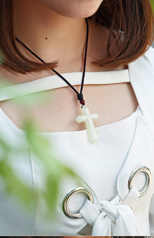 Elegant Hetian Jade Cross Pendant Necklace