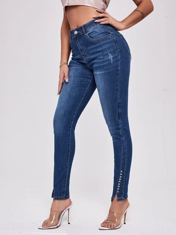 Slit Bead Panel Trim Denim Pants